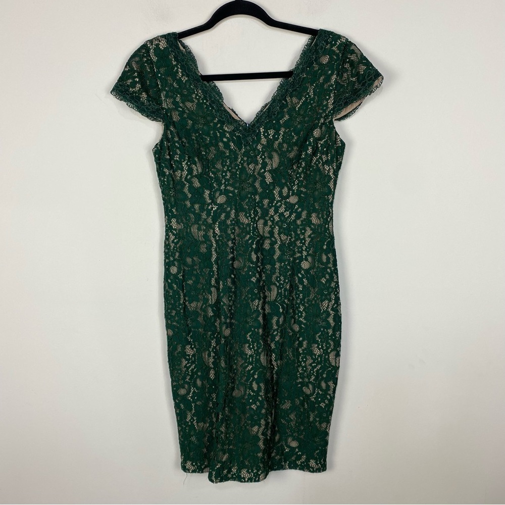 Adrianna Papell forest green cap sleeve lace v neck mini dress mother of the bri